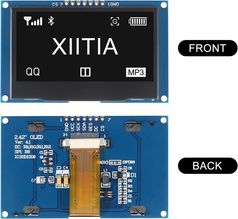 XIITIA 2pcs 2.42 inch 128x64 OLED LCD Display Module SSD1309 7 Pin SPI/IIC I2C Serial Interface for Arduino UNO R3 (White Light) - Image 2
